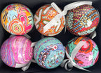 6 x CHRISTMAS BAUBLES -  HANGING, 80mmD - ABORIGINAL ART - WARLUKURLANGU - AUSTRALIA, INDIGENOUS, SOUVENIR, GIFT, XMAS TREE