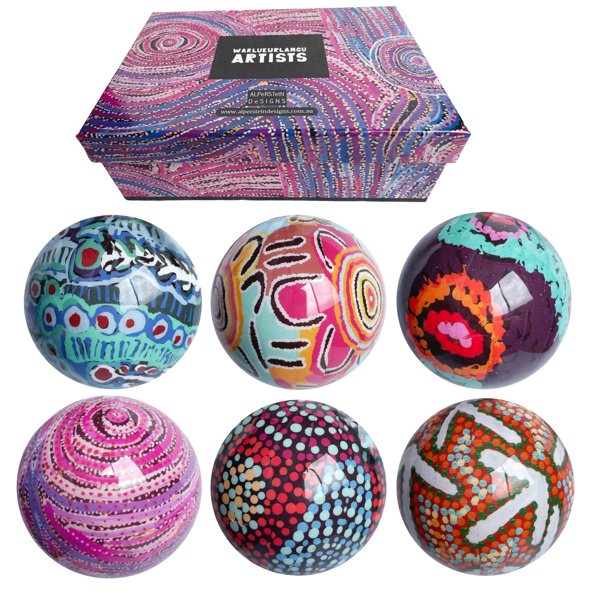 6 x CHRISTMAS BAUBLES -  HANGING, 80mmD - ABORIGINAL ART - WARLUKURLANGU - AUSTRALIA, INDIGENOUS, SOUVENIR, GIFT, XMAS TREE