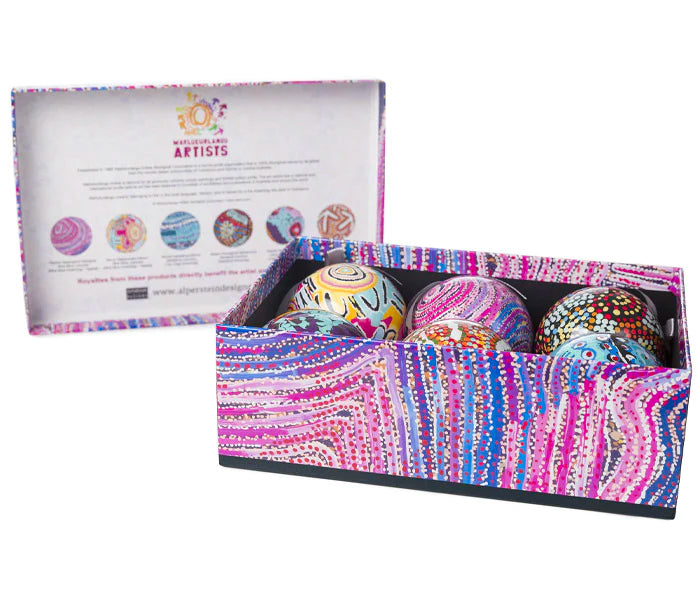 6 x CHRISTMAS BAUBLES -  HANGING, 80mmD - ABORIGINAL ART - WARLUKURLANGU - AUSTRALIA, INDIGENOUS, SOUVENIR, GIFT, XMAS TREE