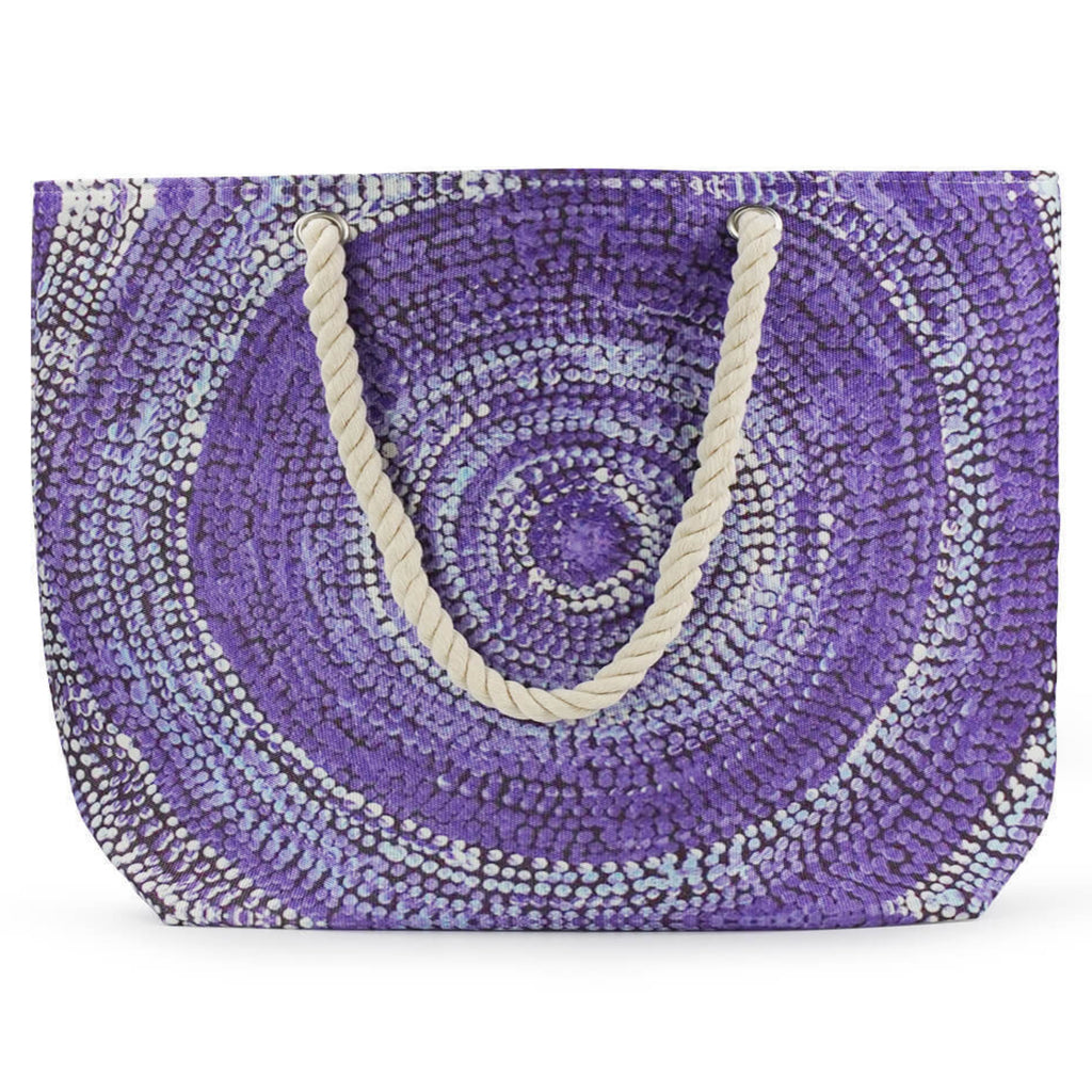 LARGE BEACH BAG, TOTE BAG, OVERNIGHT BAG - ABORIGINAL ART - SABRINA ROBERTSON, PURPLE - AUSTRALIA, INDIGENOUS, SOUVENIR, GIFT