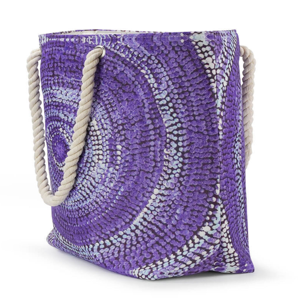 LARGE BEACH BAG, TOTE BAG, OVERNIGHT BAG - ABORIGINAL ART - SABRINA ROBERTSON, PURPLE - AUSTRALIA, INDIGENOUS, SOUVENIR, GIFT