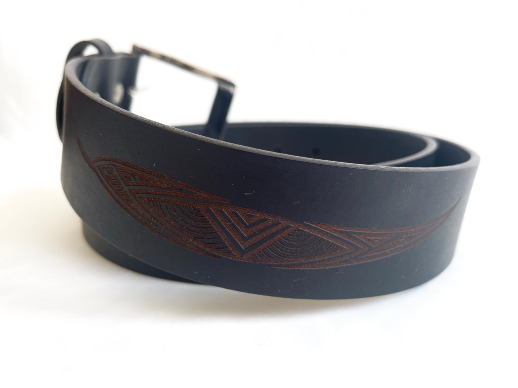 MENS BELT - 100% LEATHER - BLACK - MEDIUM, 36-38" - MADE IN AUSTRALIA - ABORIGINAL ART - GUM LEAVES - AUSTRALIA, INDIGENOUS, SOUVENIR, GIFT