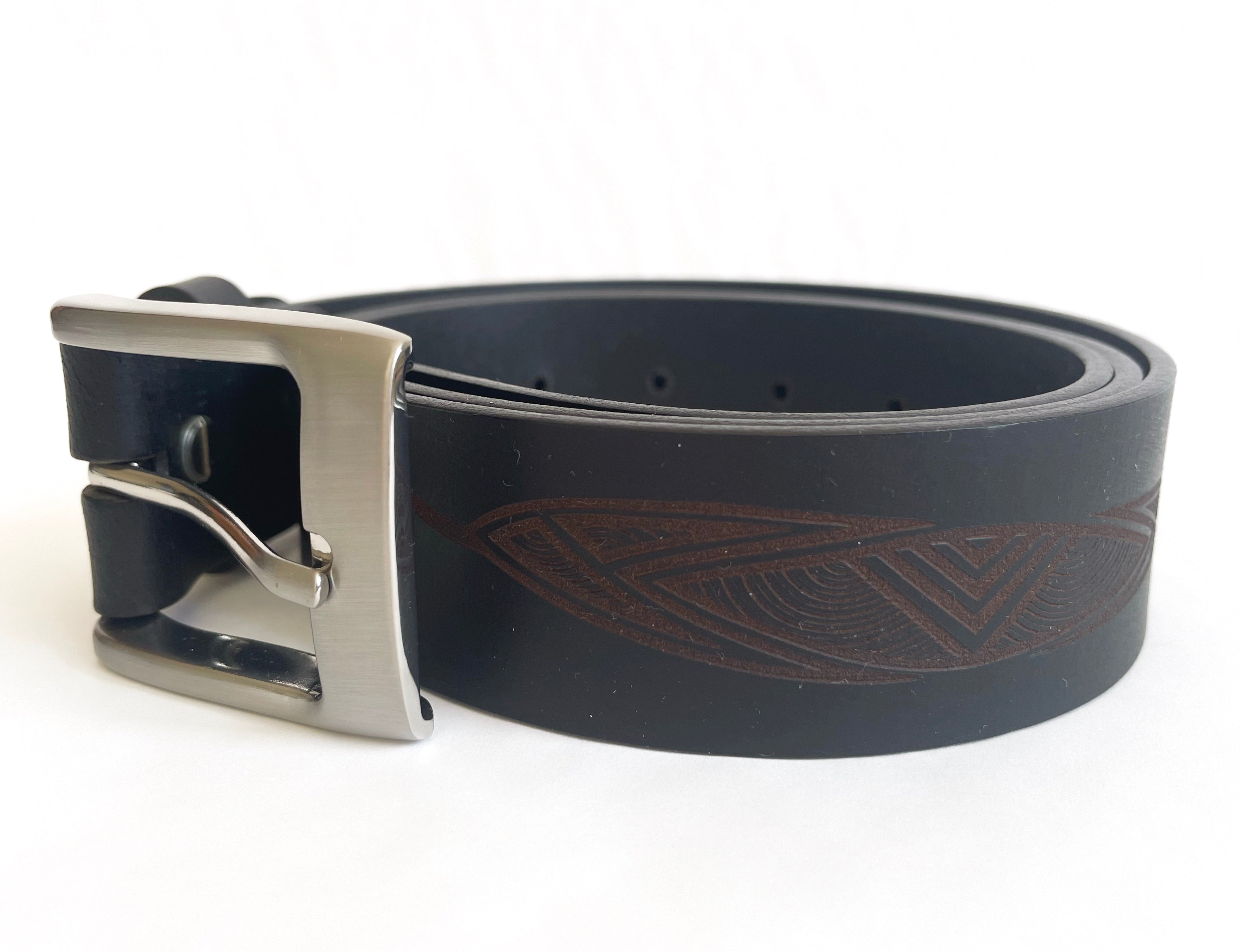 MENS BELT - 100% LEATHER - BLACK - MEDIUM, 36-38" - MADE IN AUSTRALIA - ABORIGINAL ART - GUM LEAVES - AUSTRALIA, INDIGENOUS, SOUVENIR, GIFT