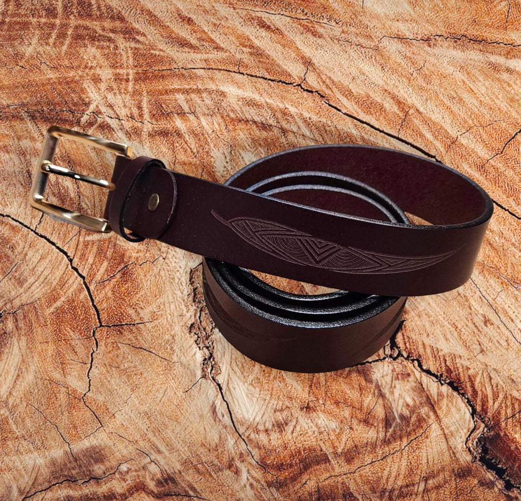 MENS BELT - 100% LEATHER - BROWN - XL, 44-46" - MADE IN AUSTRALIA - ABORIGINAL ART - GUM LEAVES - AUSTRALIA, INDIGENOUS, SOUVENIR, GIFT