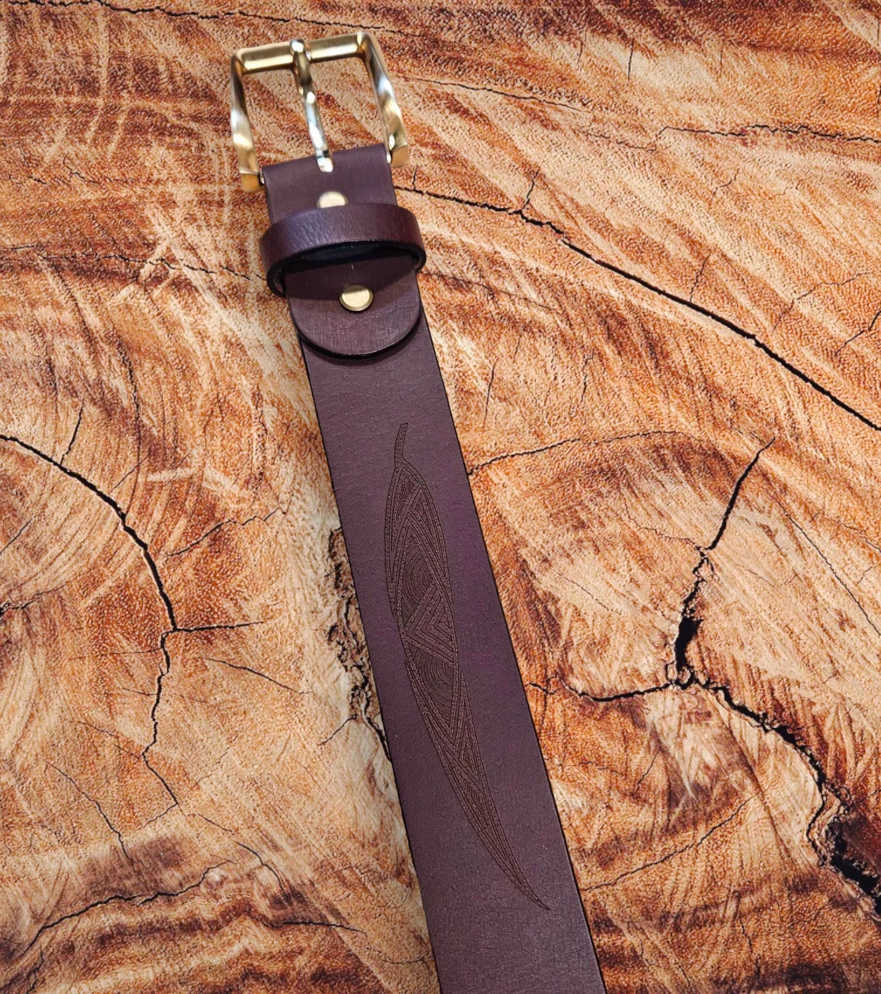 MENS BELT - 100% LEATHER - BROWN - MEDIUM, 36-38" - MADE IN AUSTRALIA - ABORIGINAL ART - GUM LEAVES - AUSTRALIA, INDIGENOUS, SOUVENIR, GIFT