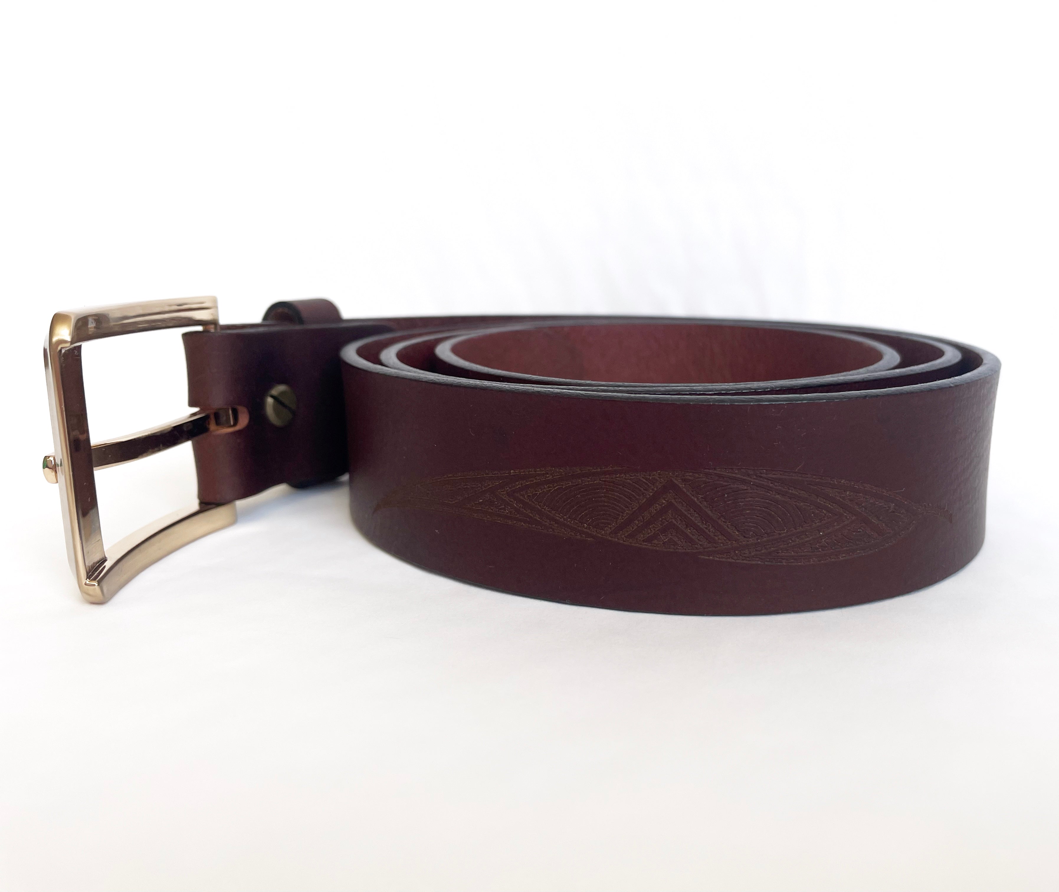 MENS BELT - 100% LEATHER - BROWN - XL, 44-46" - MADE IN AUSTRALIA - ABORIGINAL ART - GUM LEAVES - AUSTRALIA, INDIGENOUS, SOUVENIR, GIFT