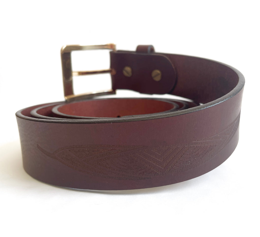 MENS BELT - 100% LEATHER - BROWN - XL, 44-46" - MADE IN AUSTRALIA - ABORIGINAL ART - GUM LEAVES - AUSTRALIA, INDIGENOUS, SOUVENIR, GIFT