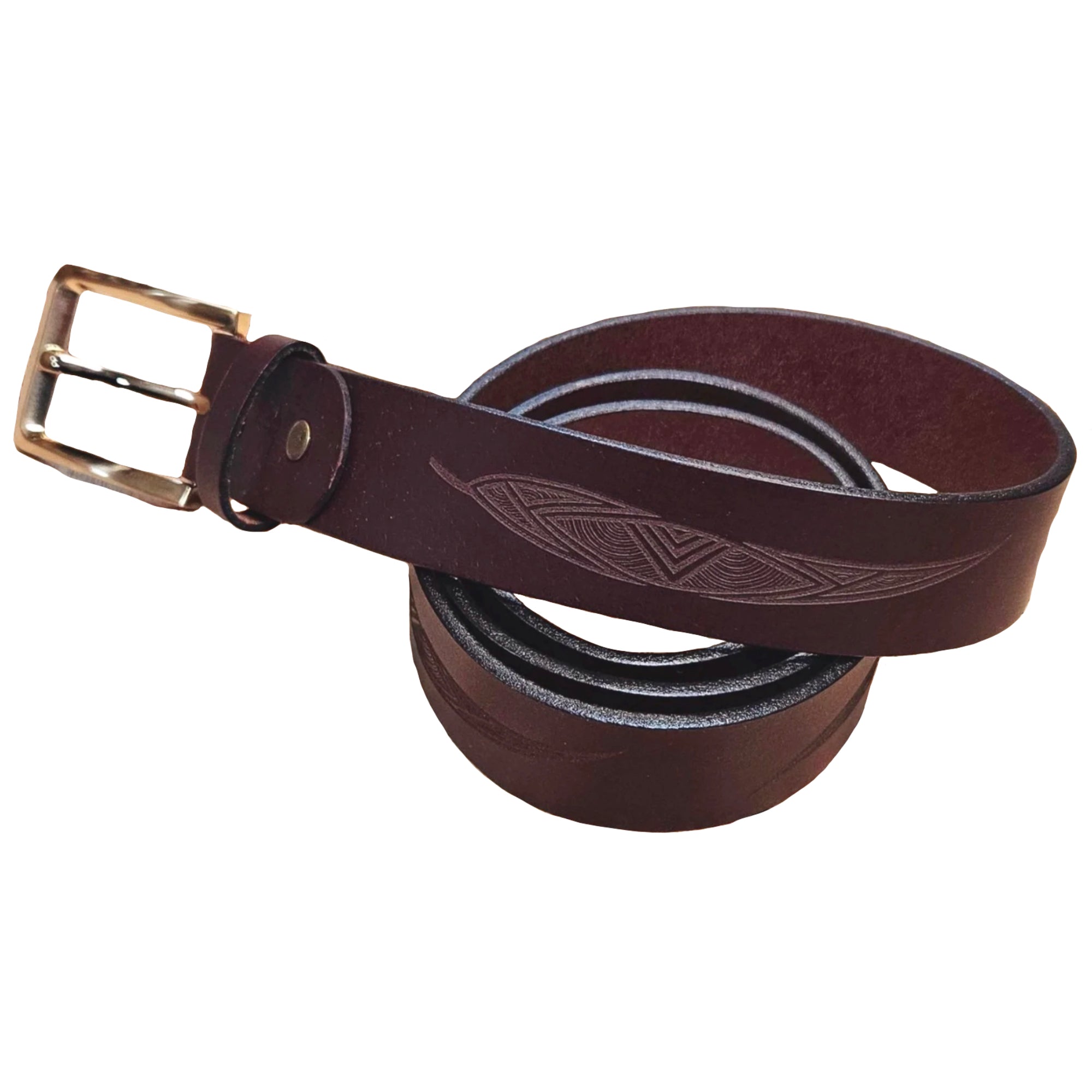 MENS BELT - 100% LEATHER - BROWN - MEDIUM, 36-38" - MADE IN AUSTRALIA - ABORIGINAL ART - GUM LEAVES - AUSTRALIA, INDIGENOUS, SOUVENIR, GIFT