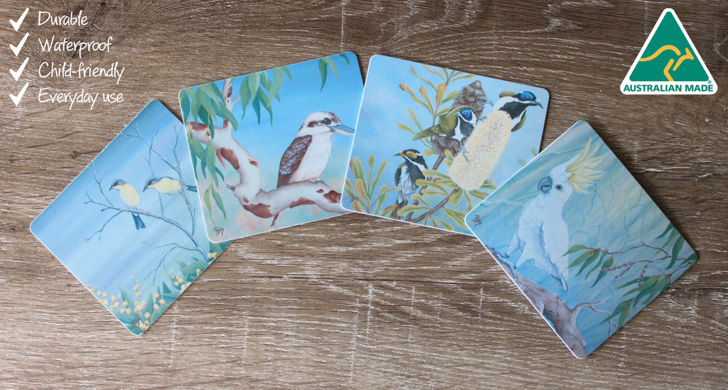 4 COASTERS - MADE IN AUSTRALIA - WATERPROOF - AUSTRALIAN BIRDS, NATIVE FLOWERS - SOUVENIR, GIFT