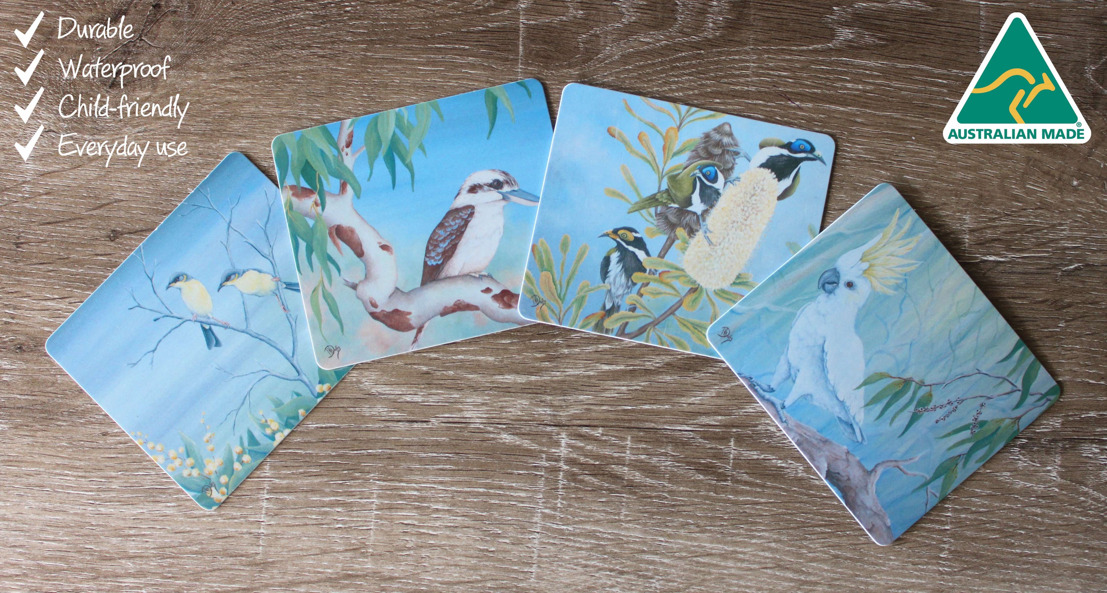 4 COASTERS - MADE IN AUSTRALIA - WATERPROOF - AUSTRALIAN BIRDS, NATIVE FLOWERS - SOUVENIR, GIFT
