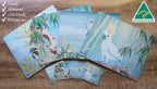 4 PLACEMATS + 4 COASTERS - MADE IN AUSTRALIA - WATERPROOF - AUSTRALIAN BIRDS, NATIVE FLOWERS - SOUVENIR, GIFT