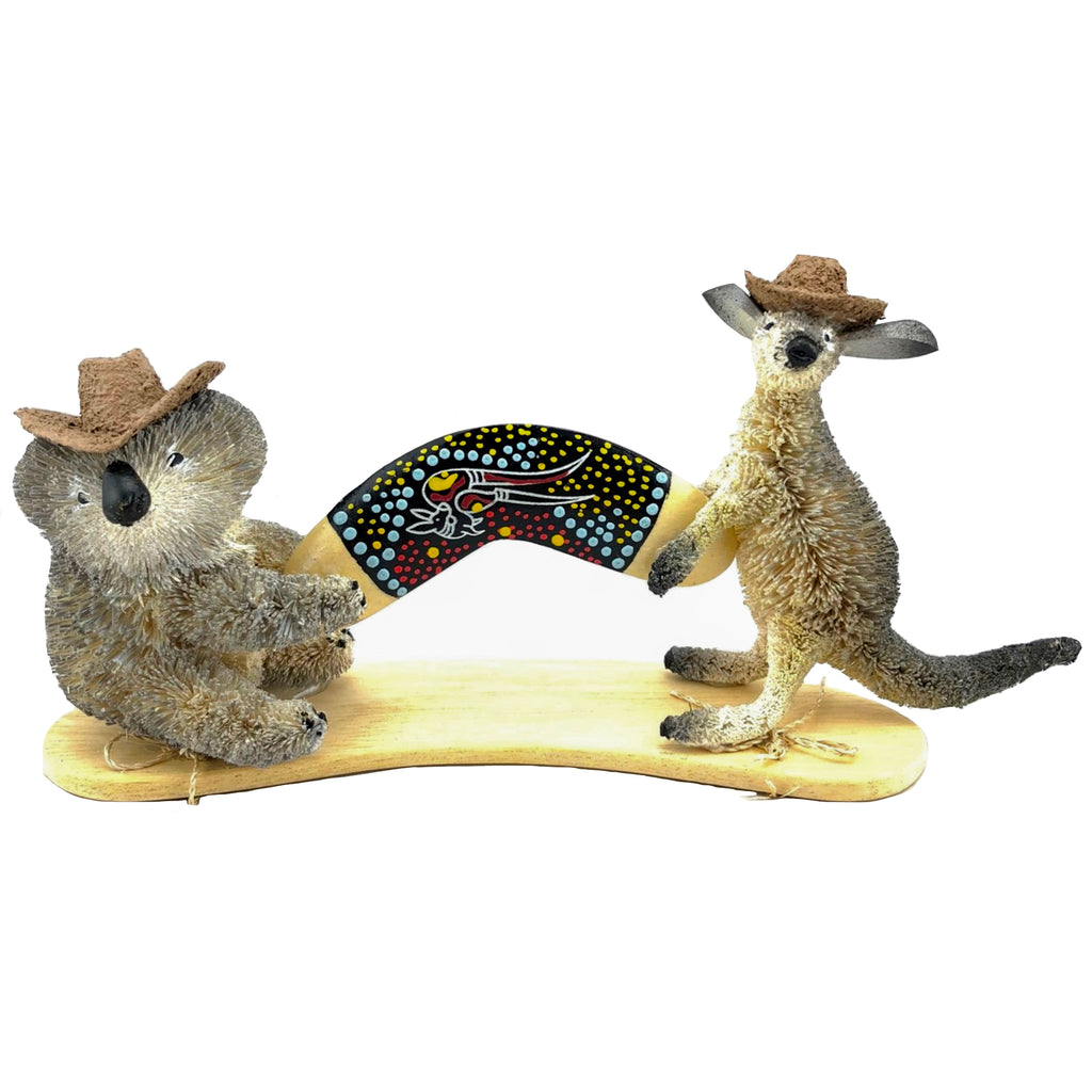 AUSTRALIAN FIGURINE - KOALA, KANGAROO, BOOMERANG, AKUBRA HAT - STANDING ORNAMENT - ABORIGINAL, AUSTRALIA, INDIGENOUS, SOUVENIR, GIFT