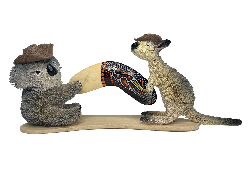 AUSTRALIAN FIGURINE - KOALA, KANGAROO, BOOMERANG, AKUBRA HAT - STANDING ORNAMENT - ABORIGINAL, AUSTRALIA, INDIGENOUS, SOUVENIR, GIFT