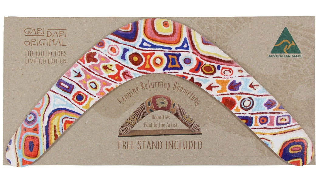 14" / 35cm RETURNING BOOMERANG + STAND - ABORIGINAL ART - MADE IN AUSTRALIA - FELICITY ROBERTSON - INDIGENOUS, SOUVENIR, GIFT