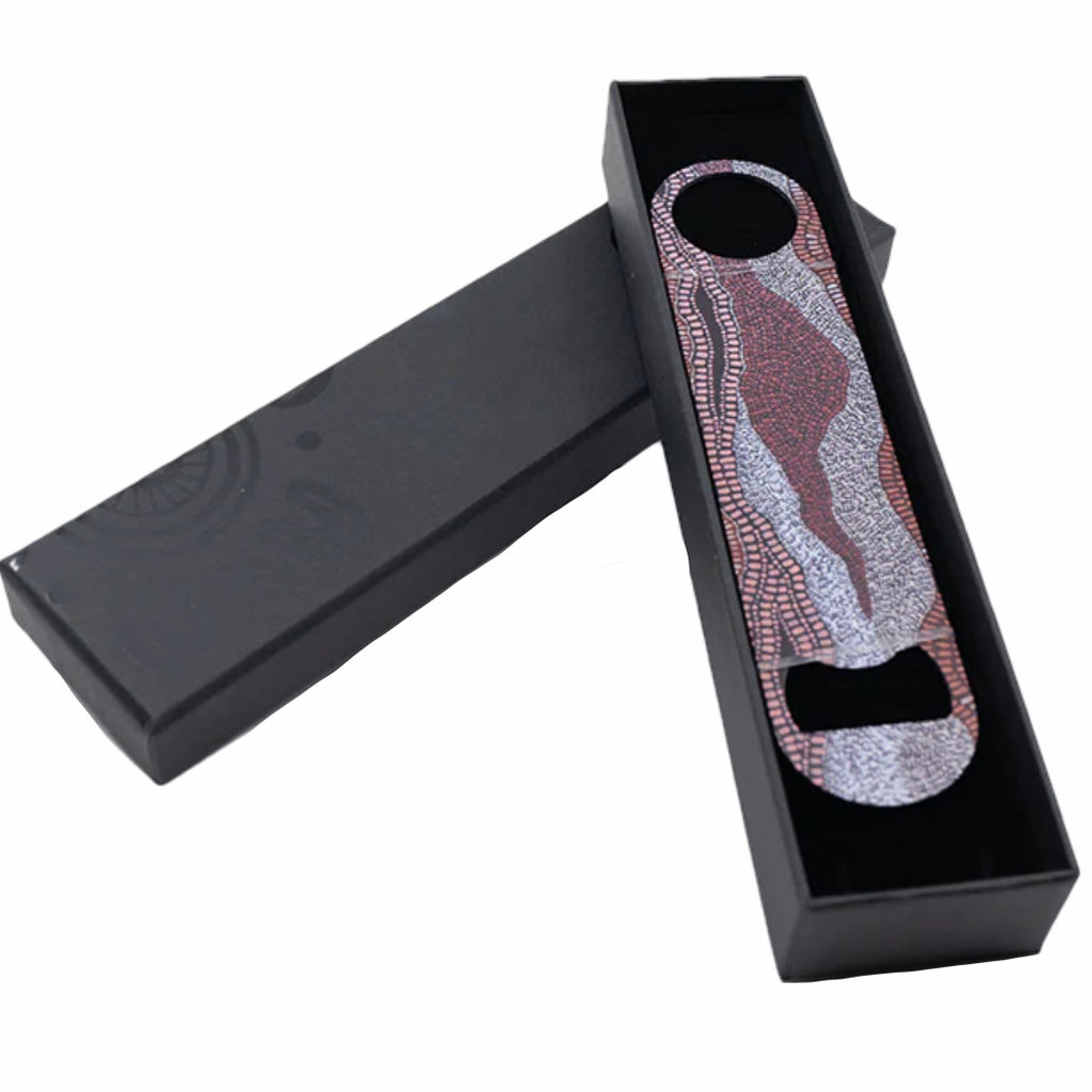BOTTLE OPENER - ABORIGINAL ART - STAINLESS STEEL - LAYERS - AUSTRALIA, INDIGENOUS, SOUVENIR, GIFT