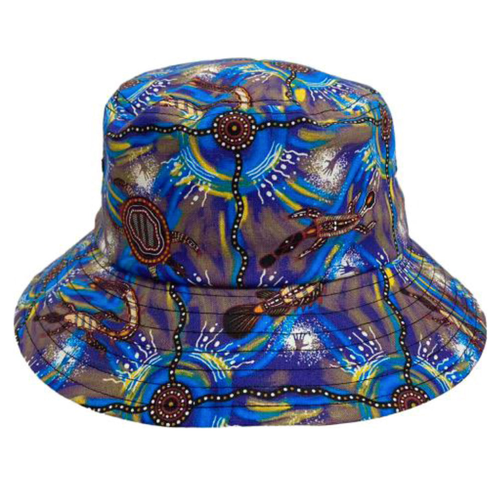 BUCKET HAT, 56cm - ABORIGINAL ART - MEETING PLACE WATER - AUSTRALIA, INDIGENOUS, SOUVENIR, GIFT