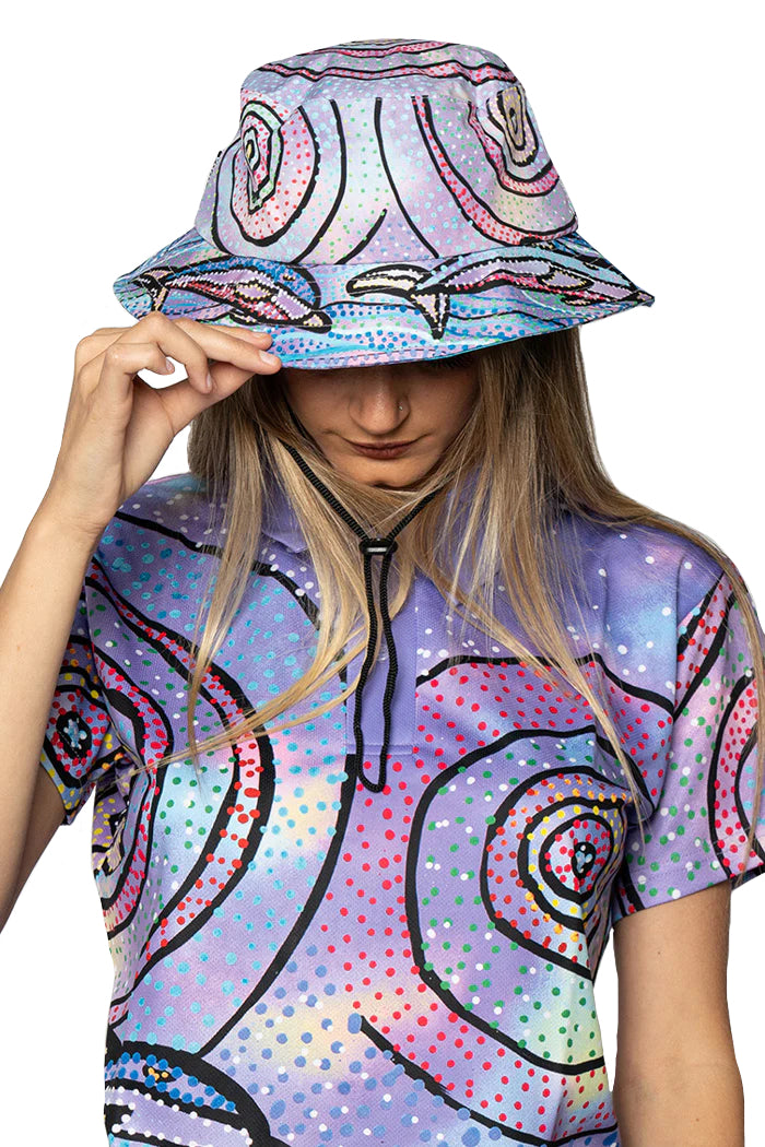BUCKET HAT, 57cm - ABORIGINAL ART - YURA BUANGANJIN - DRAWSTRING CORD - AUSTRALIA, INDIGENOUS, SOUVENIR, GIFT