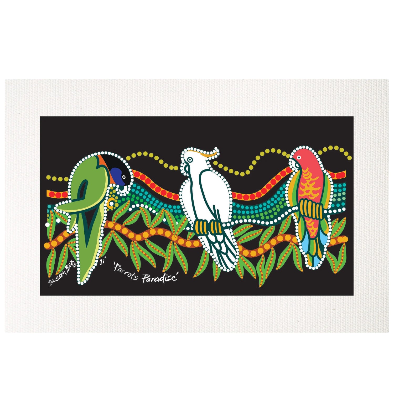 ABORIGINAL ART - CANVAS PRINT - 485x395mm - MADE IN AUSTRALIA - PARROTS PARADISE - INDIGENOUS, SOUVENIR, GIFT