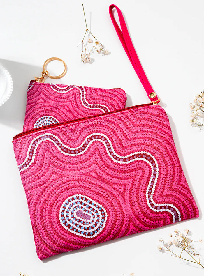 LADIES CLUTCH PURSE + COIN PURSE WITH KEYRING - 2 PIECE SET - ABORIGINAL ART - WARNA DREAMING - AUSTRALIA, INDIGENOUS, SOUVENIR, GIFT