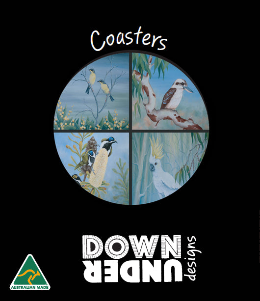 4 COASTERS - MADE IN AUSTRALIA - WATERPROOF - AUSTRALIAN BIRDS, NATIVE FLOWERS - SOUVENIR, GIFT