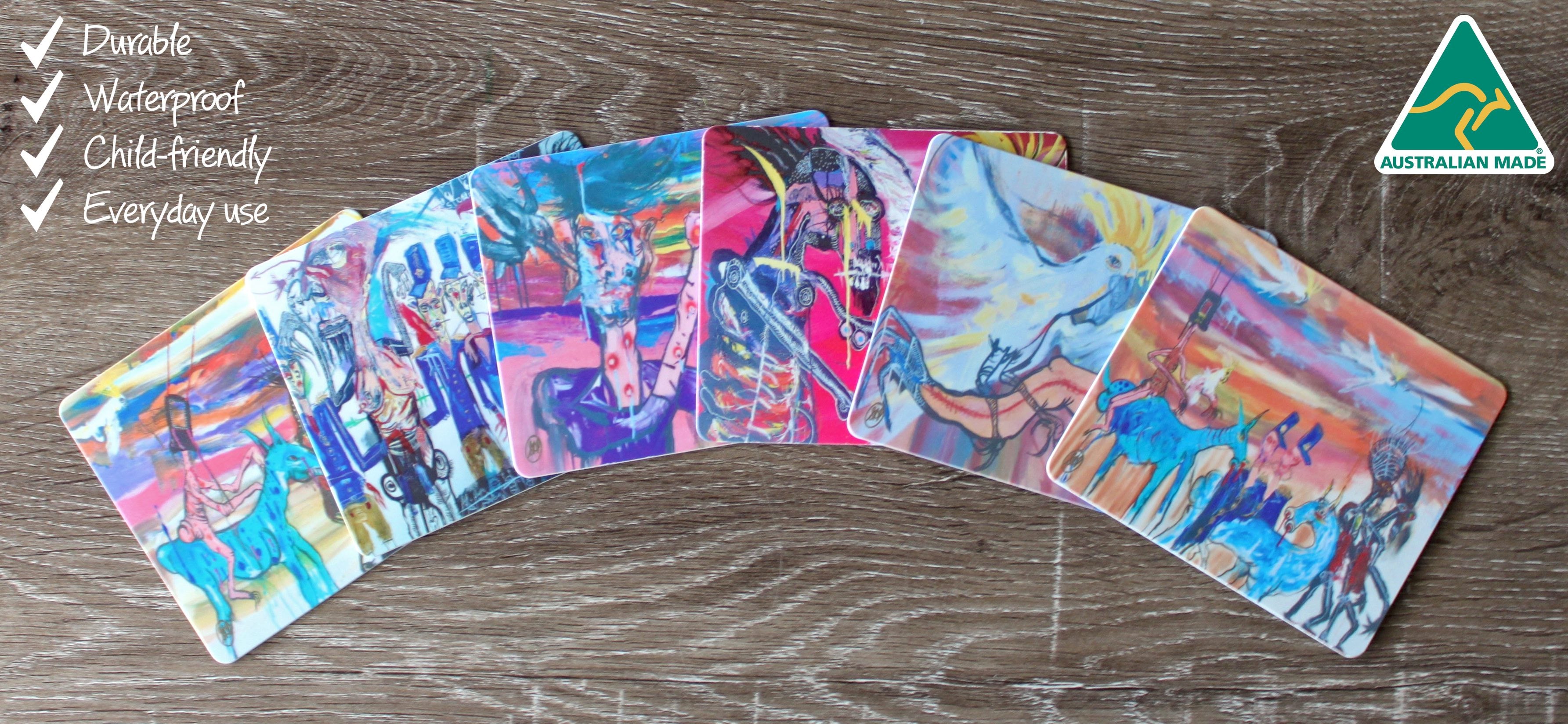 6 COASTERS - MADE IN AUSTRALIA - WATERPROOF - NED KELLY - SOUVENIR, GIFT