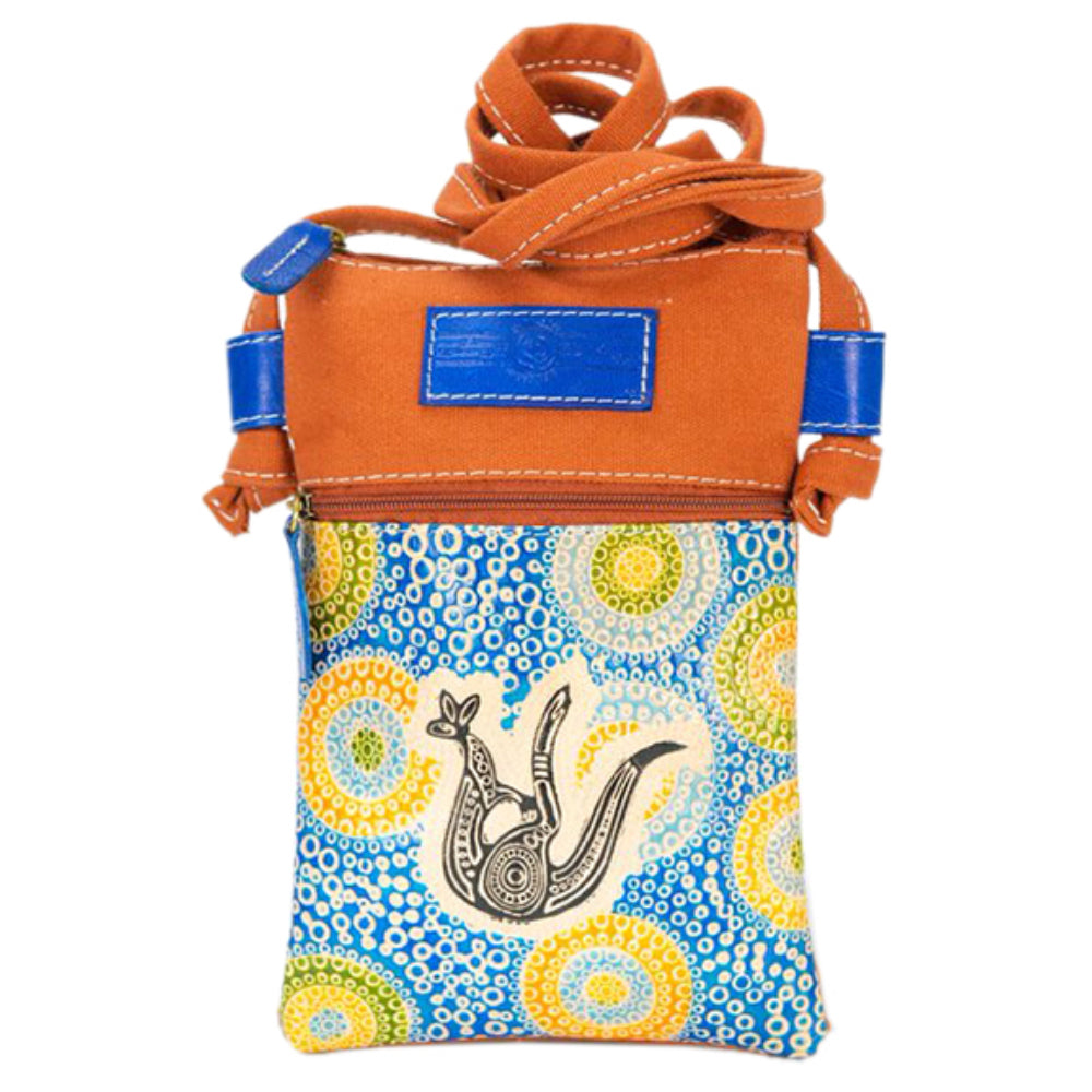 ABORIGINAL CROSS BODY BAG, HANDBAG, PASSPORT BAG - KANGAROO IN SUMMER FLOWERS, COPPER - AUSTRALIA, GIFT