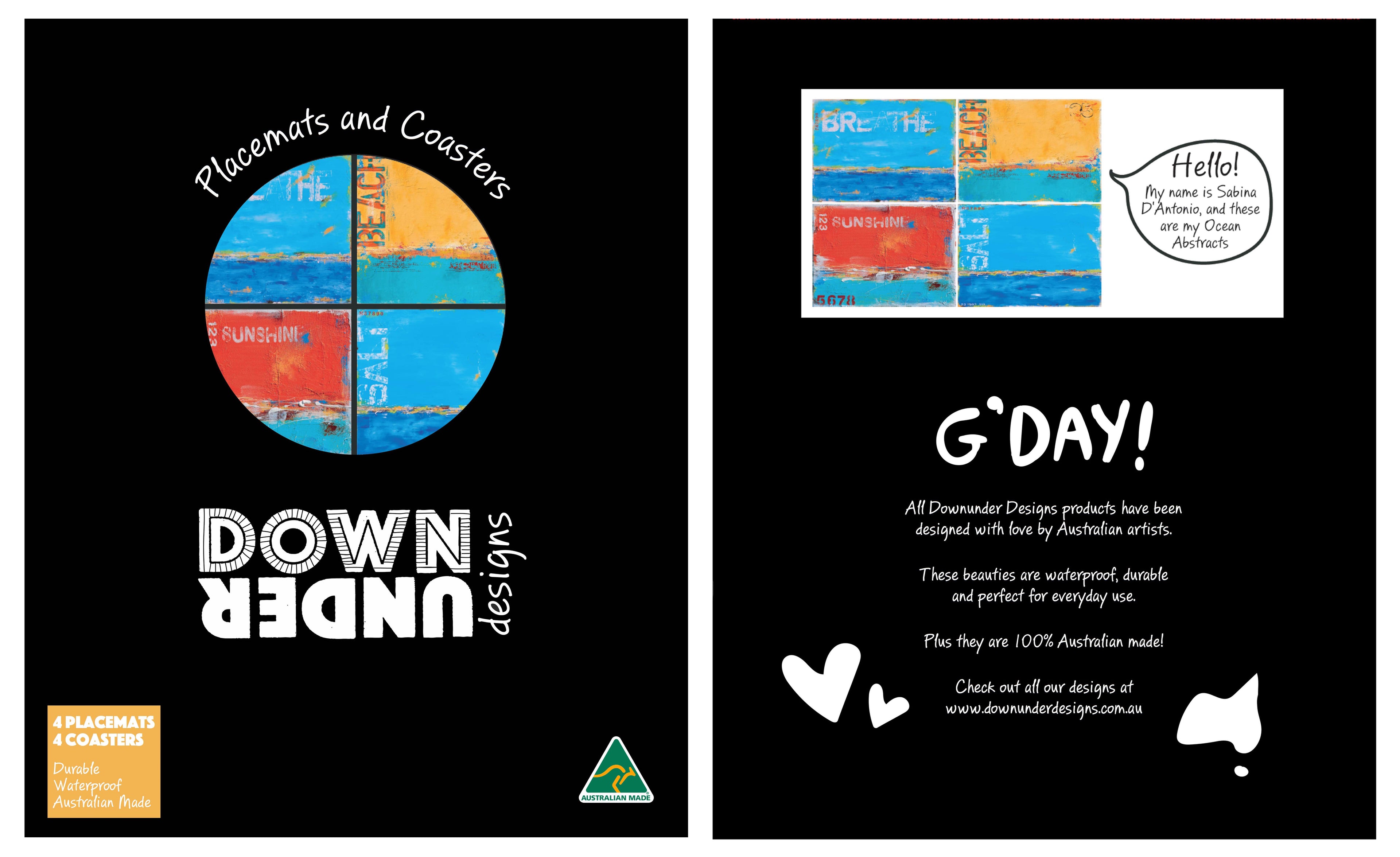 4 PLACEMATS + 4 COASTERS - MADE IN AUSTRALIA - WATERPROOF - ABSTRACT ART, OCEAN, BEACH - SOUVENIR, GIFT