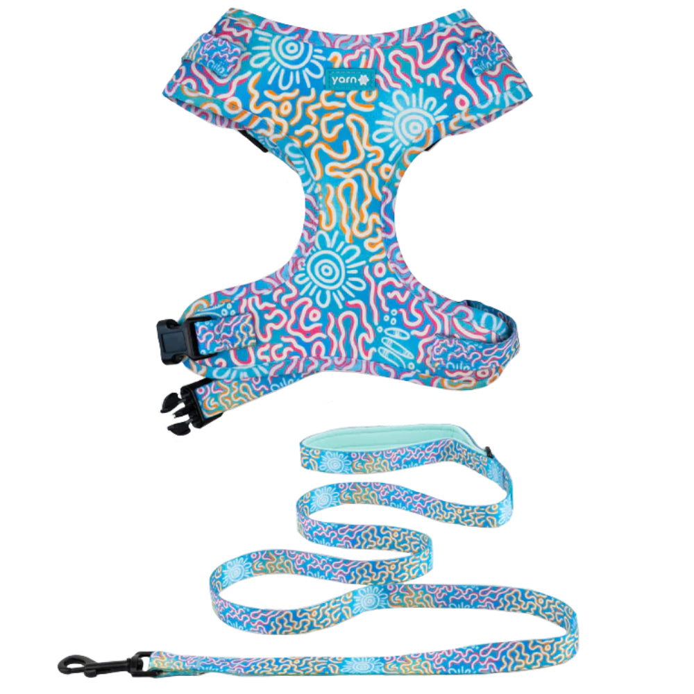 DOG LEASH, LEAD & HARNESS - 2 PIECE SET - ABORIGINAL ART - LARGE SIZE - SUNSET OVER THE REEF - AUSTRALIA, INDIGENOUS, SOUVENIR, GIFT