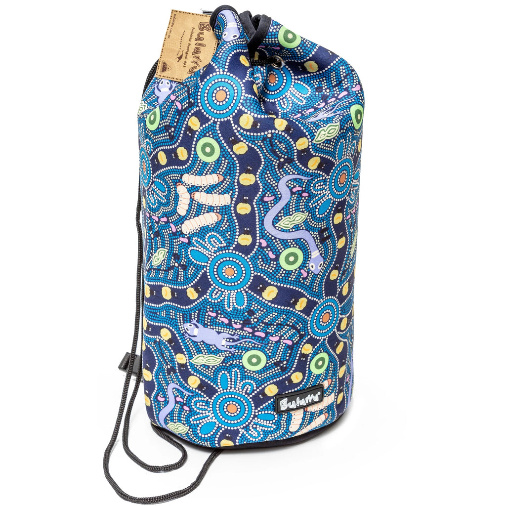 DRAWSTRING BAG - ABORIGINAL ART - BUSH TUCKER BLUE - GYM BAG, SWIMMING BAG, BEACH BAG - AUSTRALIA, INDIGENOUS, SOUVENIR, GIFT