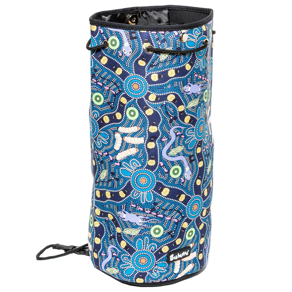 DRAWSTRING BAG - ABORIGINAL ART - BUSH TUCKER BLUE - GYM BAG, SWIMMING BAG, BEACH BAG - AUSTRALIA, INDIGENOUS, SOUVENIR, GIFT