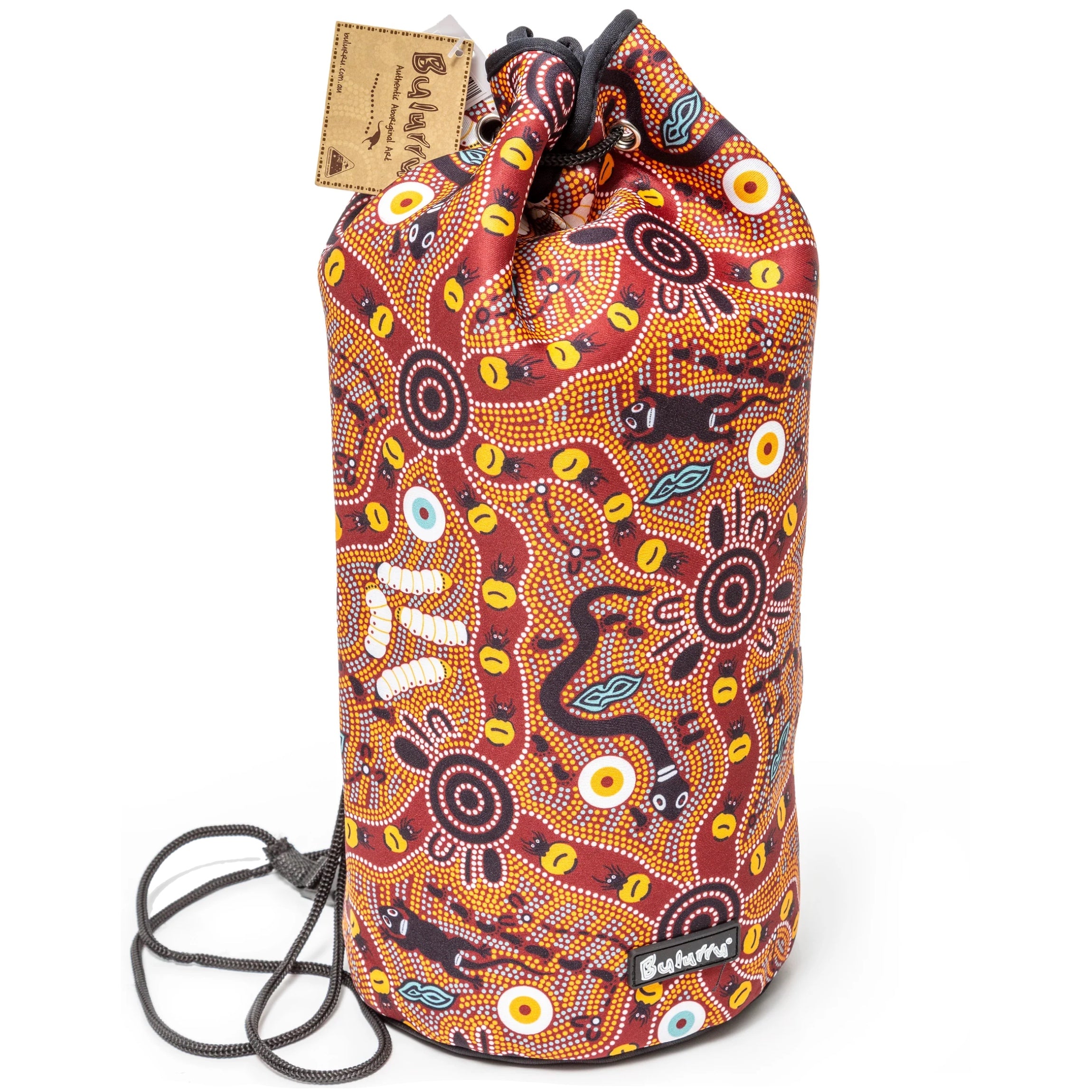 DRAWSTRING BAG - ABORIGINAL ART - BUSH TUCKER TAN - GYM BAG, SWIMMING BAG, BEACH BAG - AUSTRALIA, INDIGENOUS, SOUVENIR, GIFT