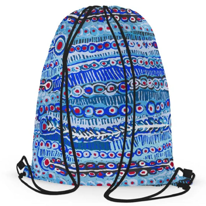 DRAWSTRING BAG - ABORIGINAL ART - MADE IN AUSTRALIA - MURDIE MORRIS, BLUE - GYM BAG, SWIMMING BAG, BEACH BAG - INDIGENOUS, SOUVENIR, GIFT
