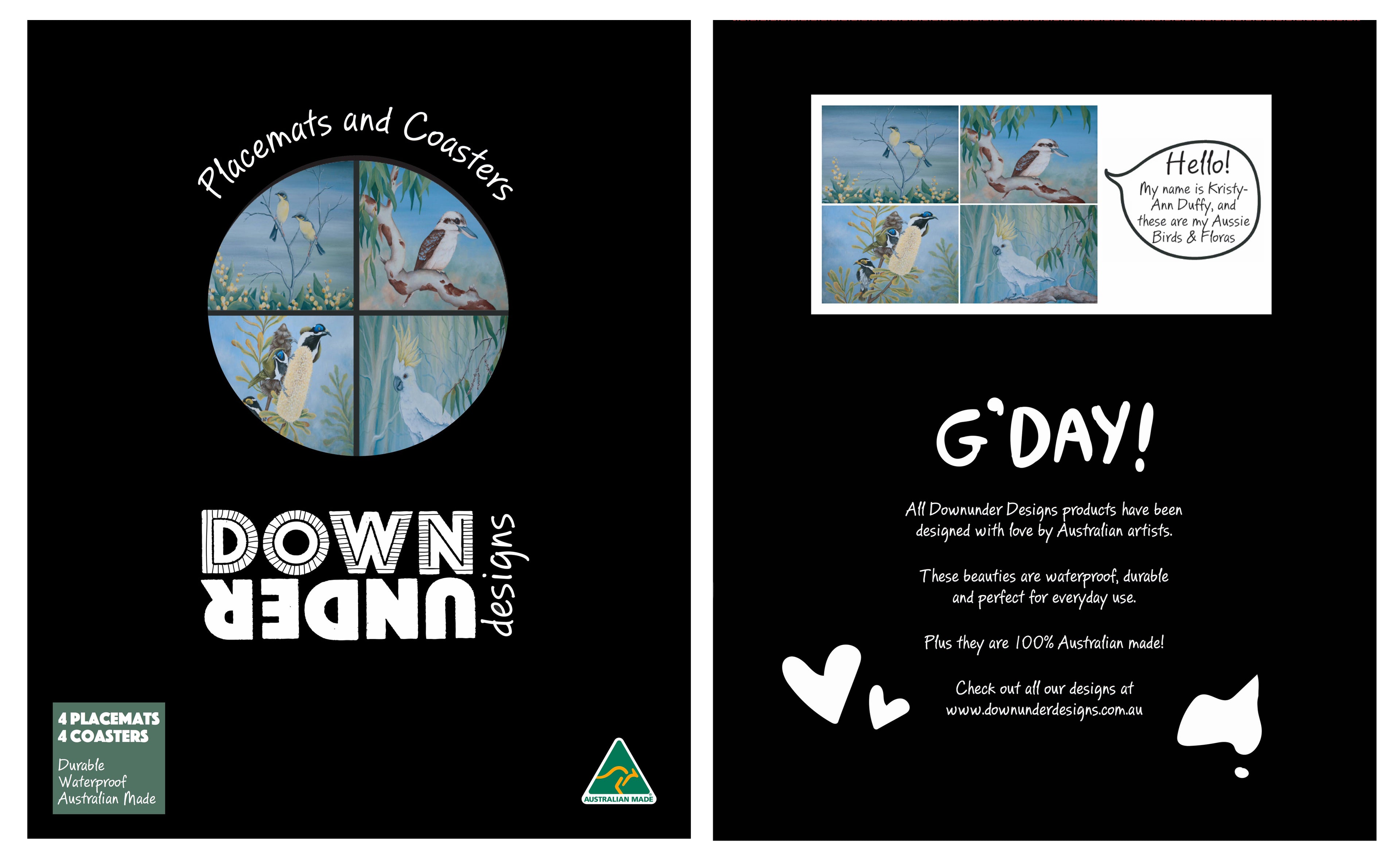 4 PLACEMATS + 4 COASTERS - MADE IN AUSTRALIA - WATERPROOF - AUSTRALIAN BIRDS, NATIVE FLOWERS - SOUVENIR, GIFT