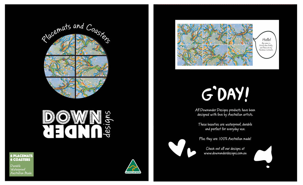 6 PLACEMATS + 6 COASTERS - MADE IN AUSTRALIA - WATERPROOF - RAINBOW LORIKEET BIRDS - SOUVENIR, GIFT