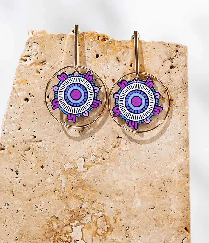 EARRINGS - ABORIGINAL  ART - A WOMAN'S CONNECTION, ROUND - AUSTRALIA, INDIGENOUS, SOUVENIR, GIFT, JEWELLERY