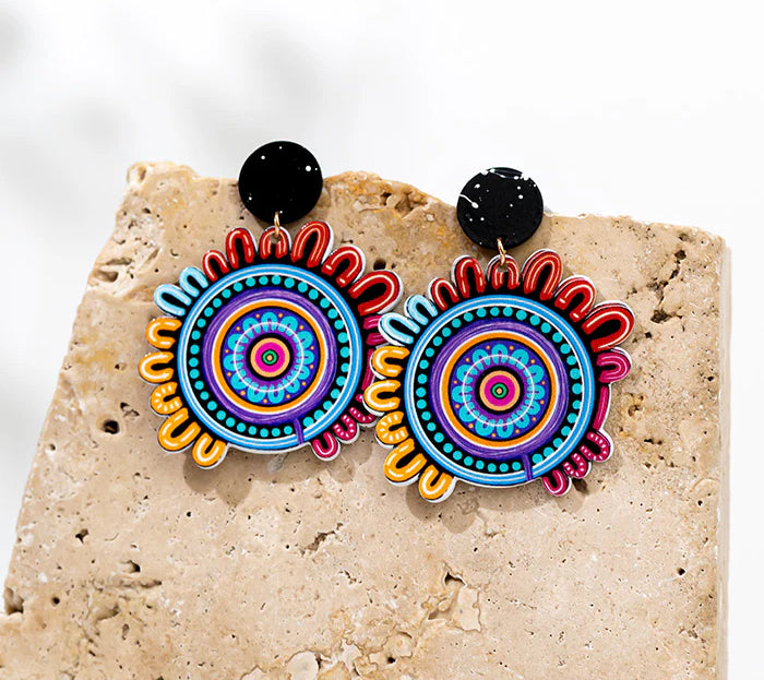 EARRINGS - ABORIGINAL  ART - CELEBRATION, ROUND - AUSTRALIA, INDIGENOUS, SOUVENIR, GIFT, JEWELLERY