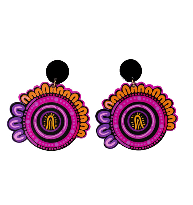 EARRINGS - ABORIGINAL  ART - MOTHER, ROUND - AUSTRALIA, INDIGENOUS, SOUVENIR, GIFT, JEWELLERY