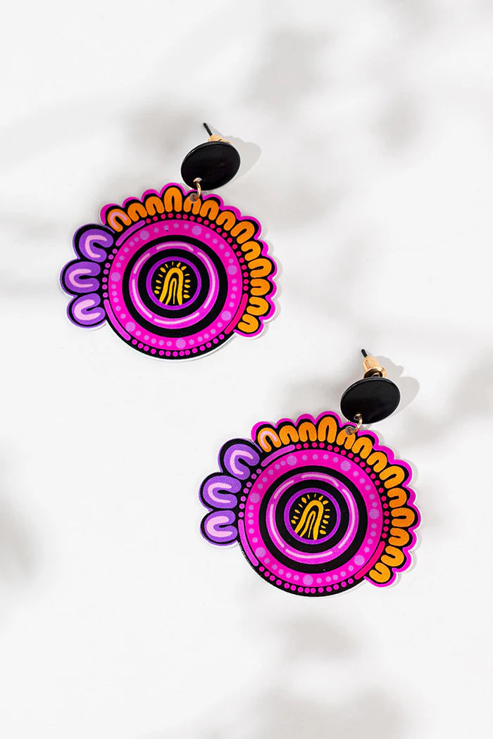 EARRINGS - ABORIGINAL  ART - MOTHER, ROUND - AUSTRALIA, INDIGENOUS, SOUVENIR, GIFT, JEWELLERY