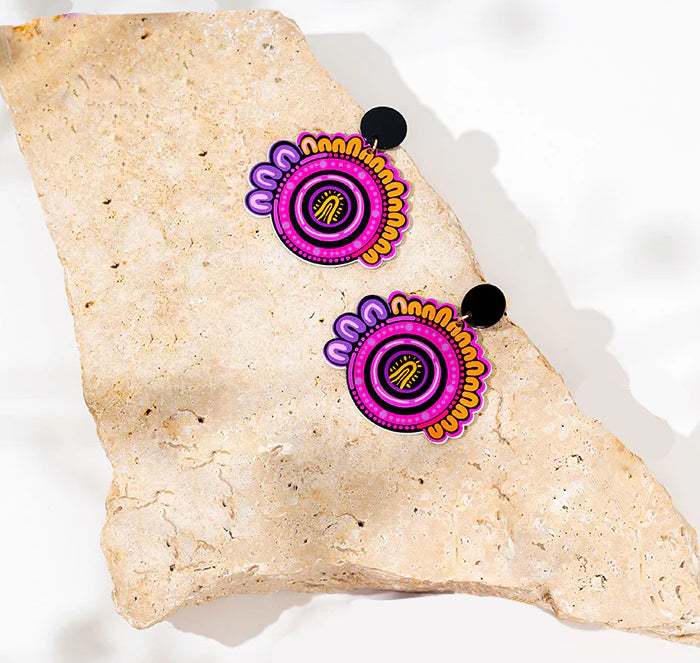 EARRINGS - ABORIGINAL  ART - MOTHER, ROUND - AUSTRALIA, INDIGENOUS, SOUVENIR, GIFT, JEWELLERY