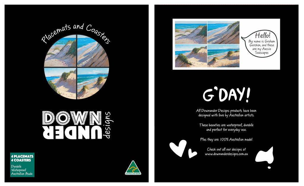 4 PLACEMATS + 4 COASTERS - MADE IN AUSTRALIA - WATERPROOF - SEASCAPES, SAND DUNES, OCEAN, BEACH - SOUVENIR, GIFT