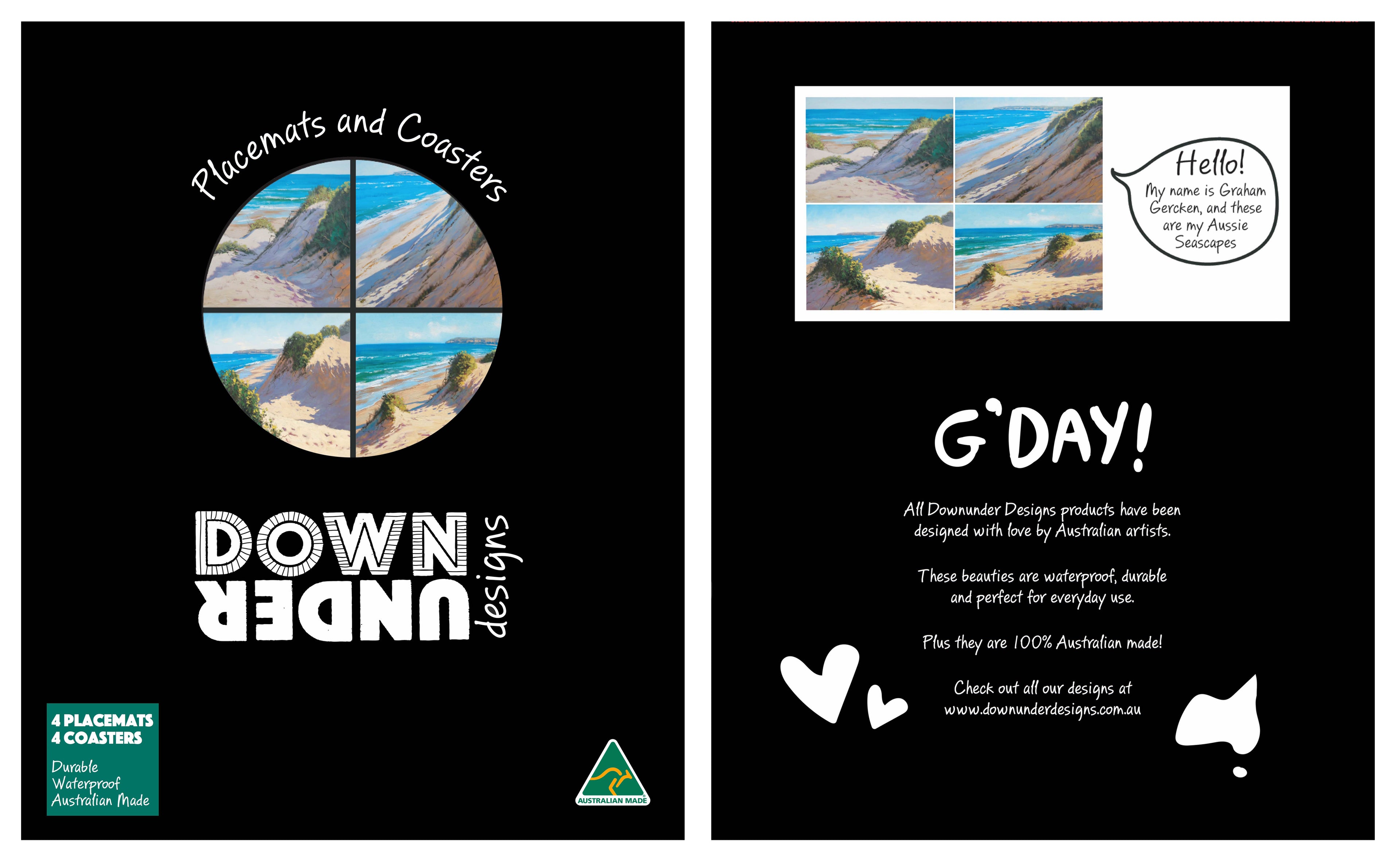 4 PLACEMATS + 4 COASTERS - MADE IN AUSTRALIA - WATERPROOF - SEASCAPES, SAND DUNES, OCEAN, BEACH - SOUVENIR, GIFT