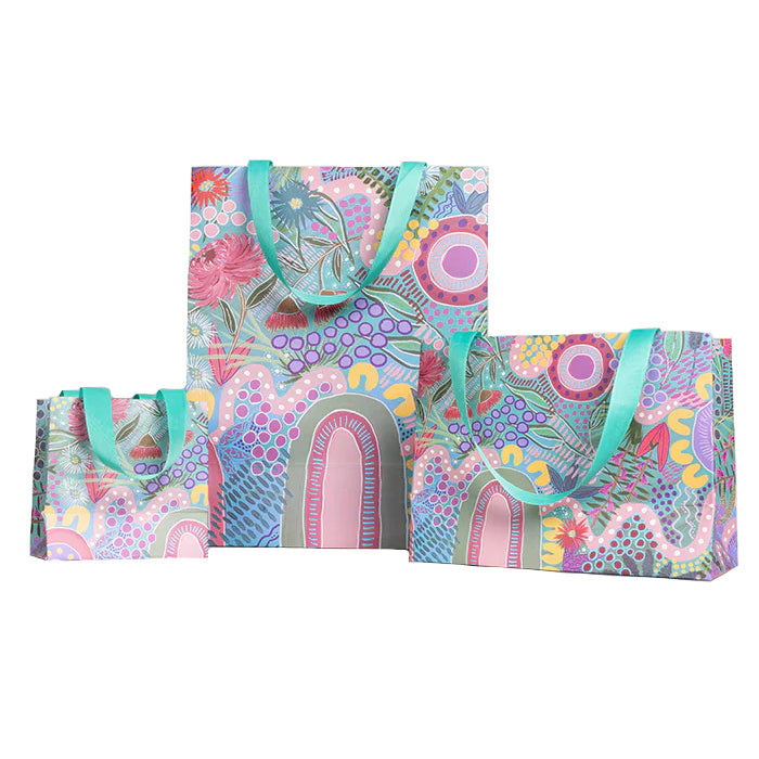 3 x GIFT BAGS - ABORIGINAL ART - A CHAPTER CLOSING - S,M,L - AUSTRALIA, INDIGENOUS, SOUVENIR, CHRISTMAS, BIRTHDAY