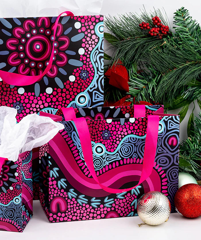 3 x GIFT BAGS - ABORIGINAL ART - BADHIN - S,M,L - AUSTRALIA, INDIGENOUS, SOUVENIR, CHRISTMAS, BIRTHDAY