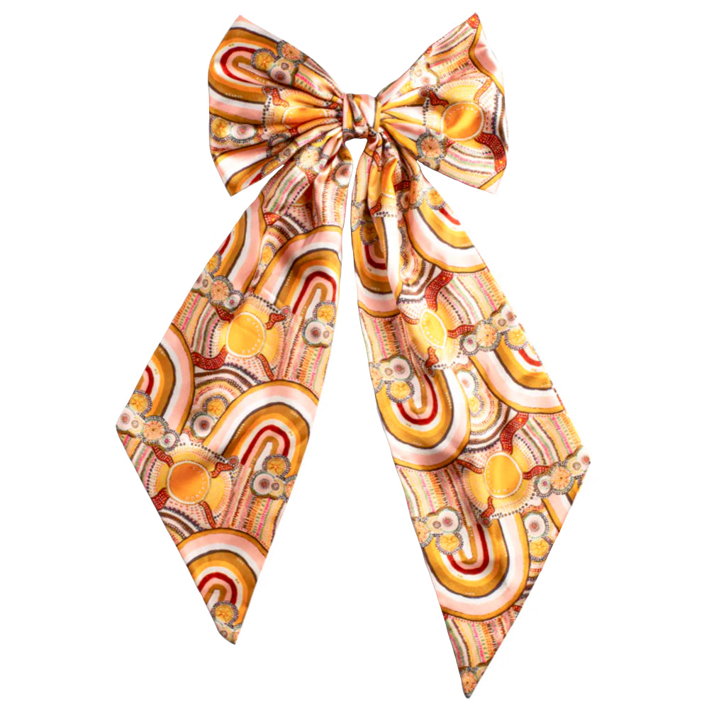 BOW HAIR CLIP, HAIR TIE - ABORIGINAL ART - JOURNEYS IN THE SUN - AUSTRALIA, SOUVENIR, GIFT