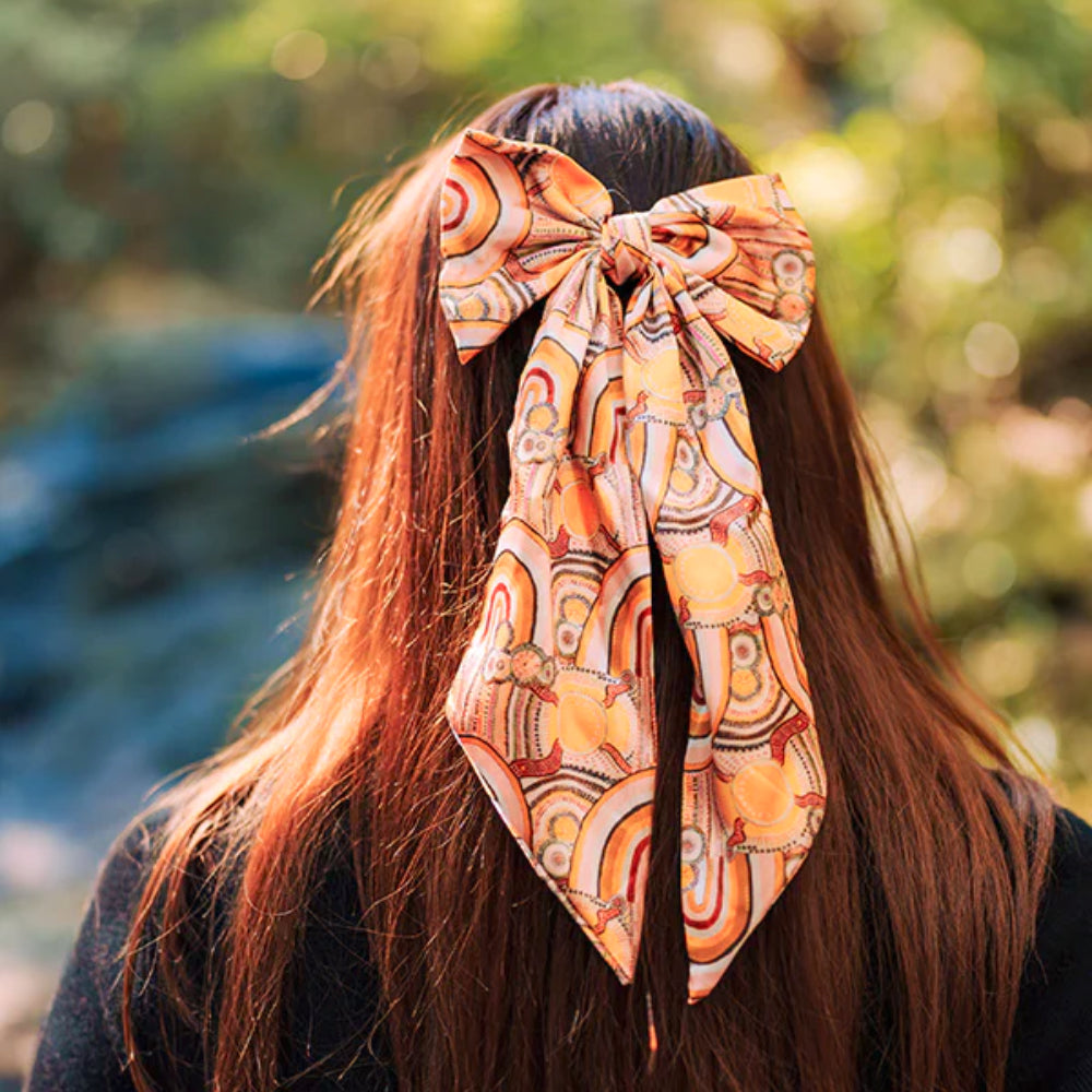 BOW HAIR CLIP, HAIR TIE - ABORIGINAL ART - JOURNEYS IN THE SUN - AUSTRALIA, SOUVENIR, GIFT