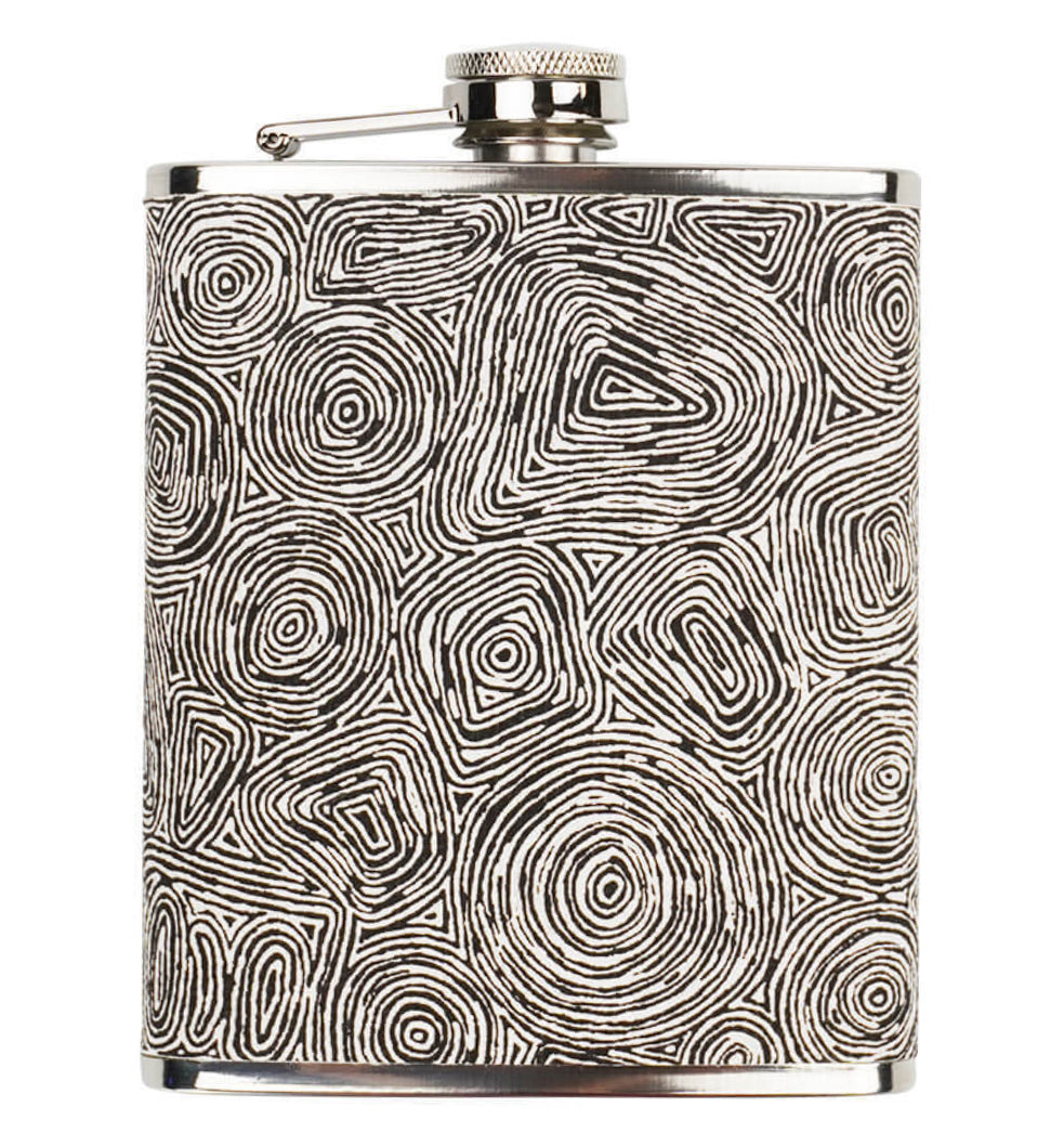 HIP FLASK IN GIFT BOX - ABORIGINAL  ART - STAINLESS STEEL - FELICITY ROBERTSON, B&W - AUSTRALIA, INDIGENOUS, SOUVENIR, GIFT