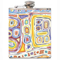 HIP FLASK IN GIFT BOX - ABORIGINAL  ART - STAINLESS STEEL - FELICITY ROBERTSON, YELLOW - AUSTRALIA, INDIGENOUS, SOUVENIR, GIFT