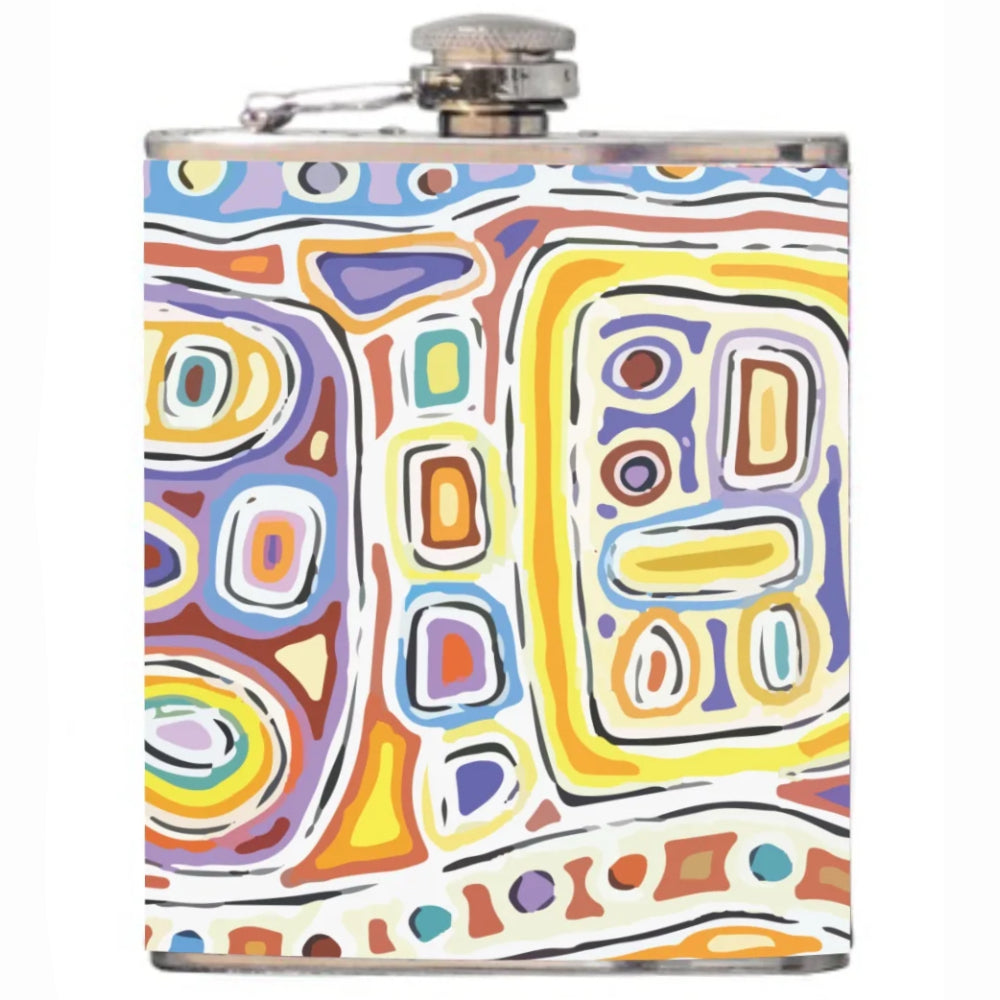 HIP FLASK IN GIFT BOX - ABORIGINAL  ART - STAINLESS STEEL - FELICITY ROBERTSON, YELLOW - AUSTRALIA, INDIGENOUS, SOUVENIR, GIFT