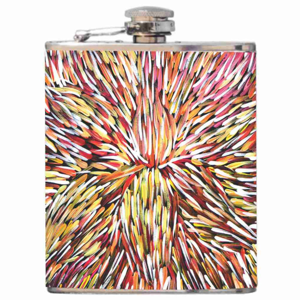 HIP FLASK IN GIFT BOX - ABORIGINAL  ART - STAINLESS STEEL - KATRINA RUBUNTJA - AUSTRALIA, INDIGENOUS, SOUVENIR, GIFT