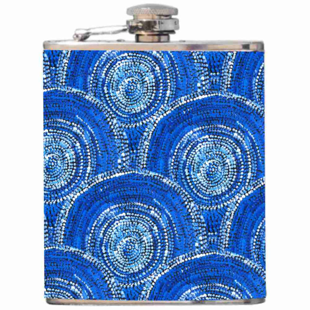 HIP FLASK IN GIFT BOX - ABORIGINAL  ART - STAINLESS STEEL - SABRINA ROBERTSON, BLUE - AUSTRALIA, INDIGENOUS, SOUVENIR, GIFT